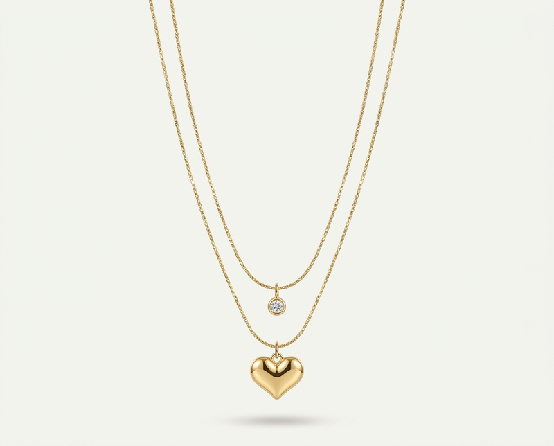 Layered Gold Heart & Crystal Pendant Necklace