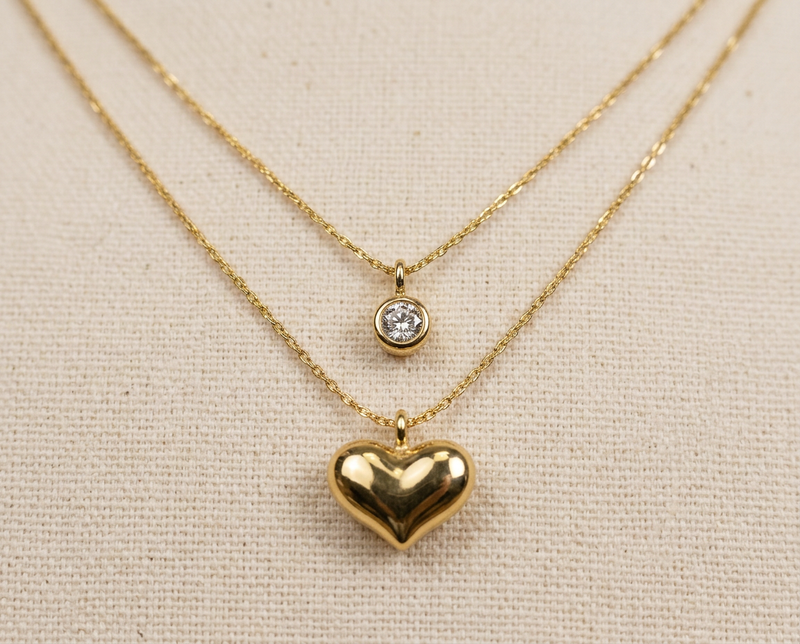 Layered Gold Heart & Crystal Pendant Necklace