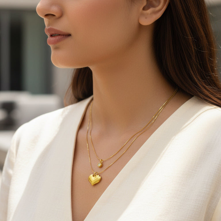 Layered Gold Heart & Crystal Pendant Necklace