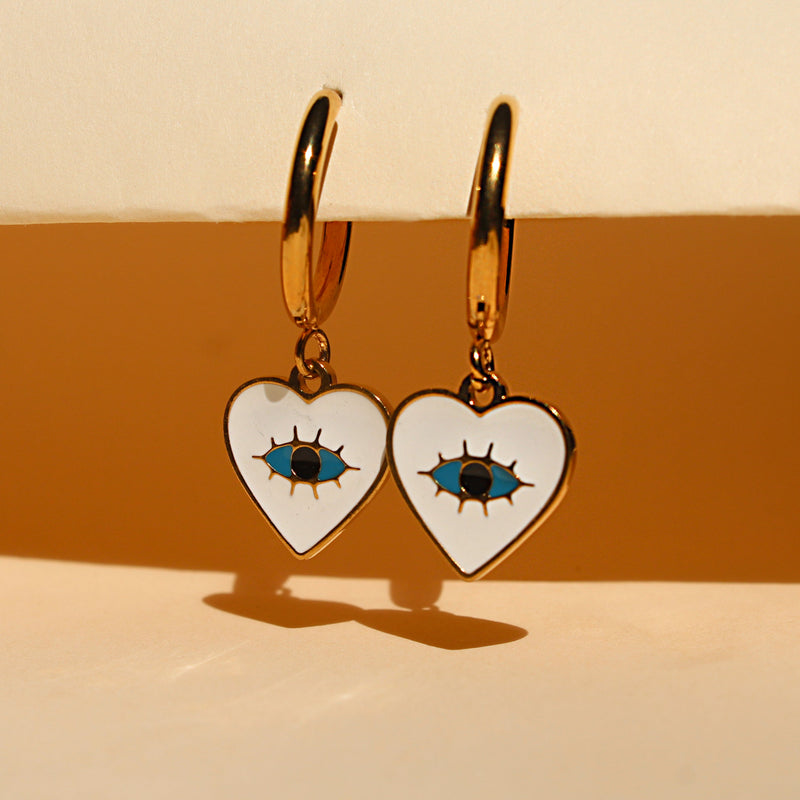 Evil Eye Heart Hoop Drop Earrings