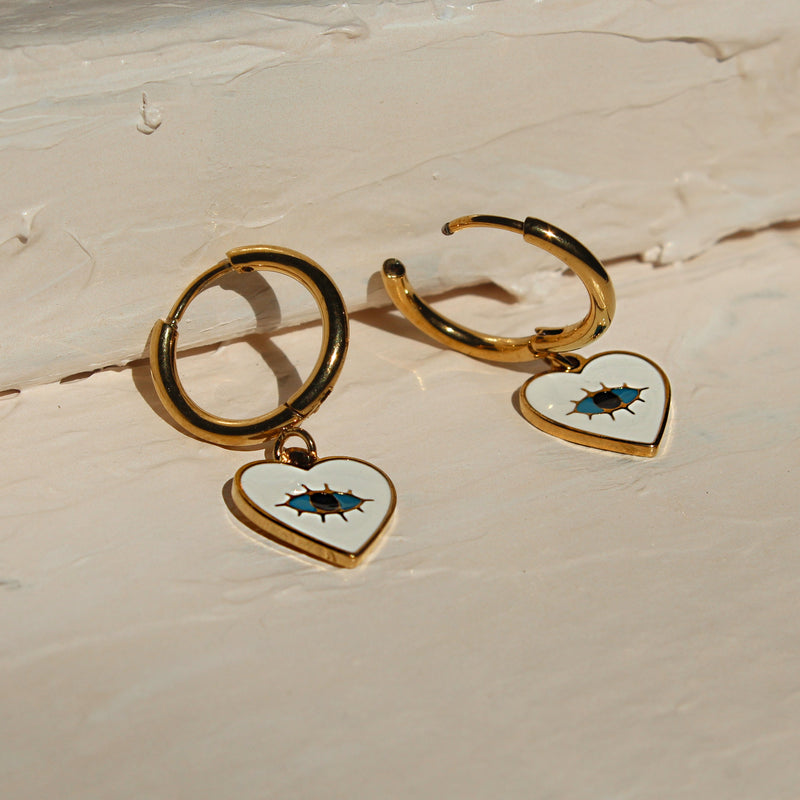 Evil Eye Heart Hoop Drop Earrings