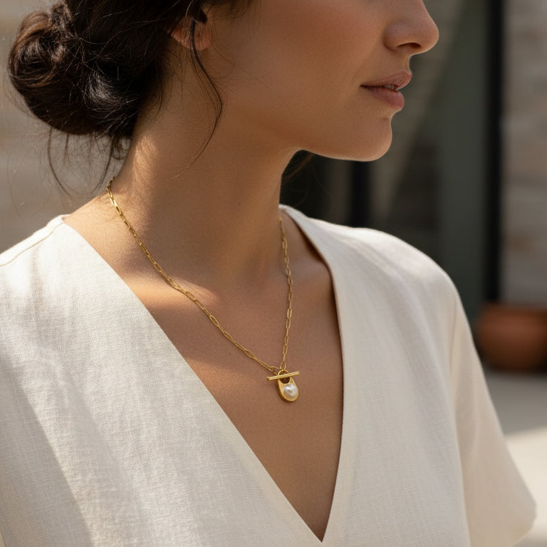 Pearl Toggle Necklace in Gold Paperclip Chain