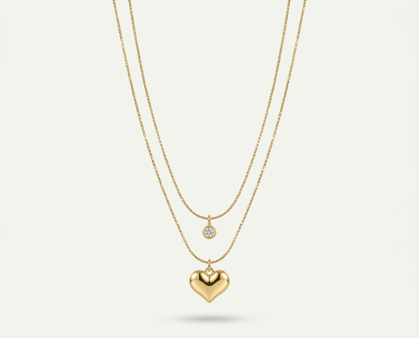 Layered Gold Heart & Crystal Pendant Necklace