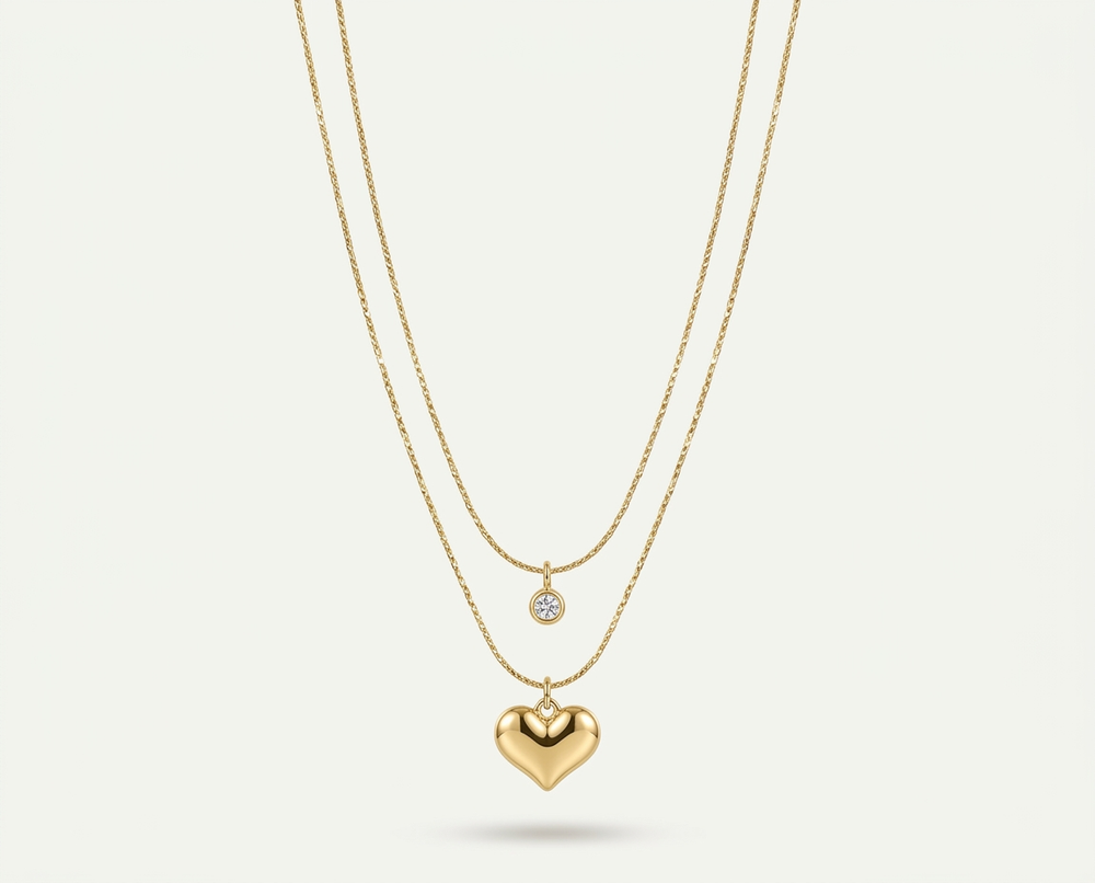 Layered Gold Heart & Crystal Pendant Necklace