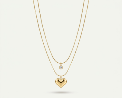 Layered Gold Heart & Crystal Pendant Necklace