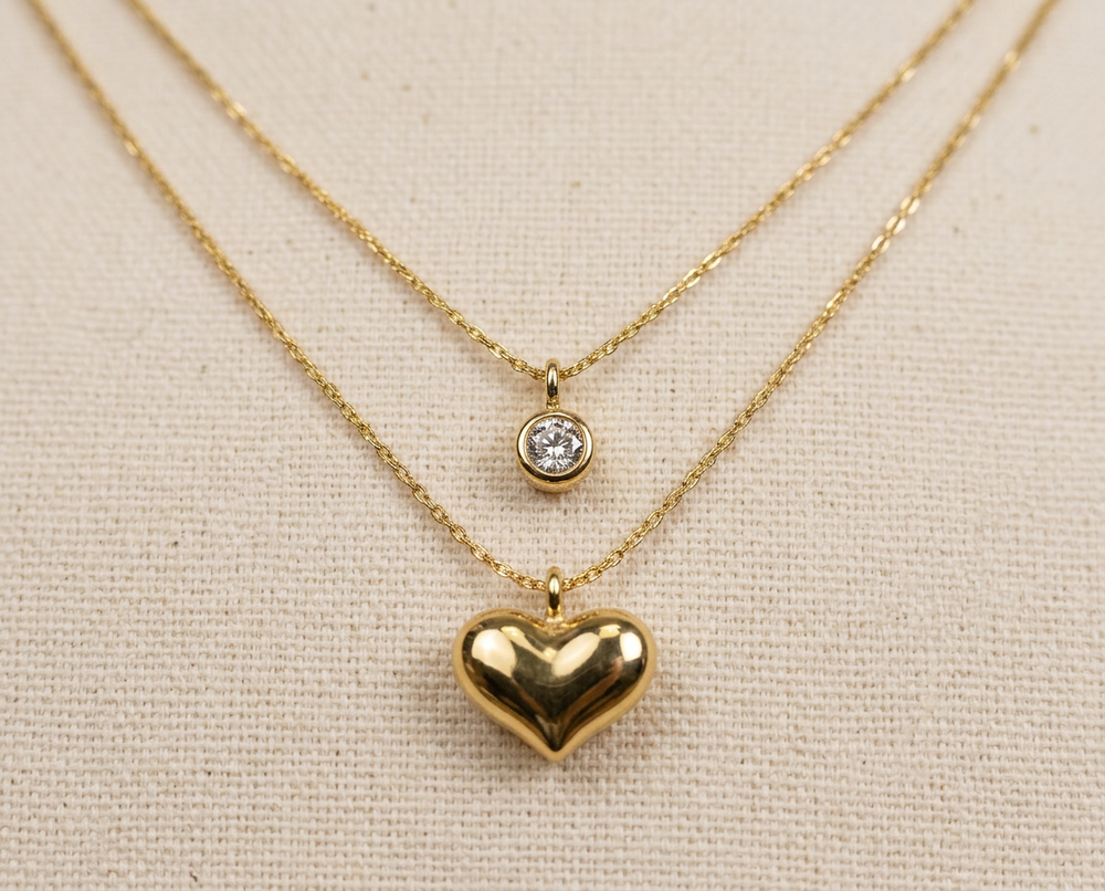 Layered Gold Heart & Crystal Pendant Necklace