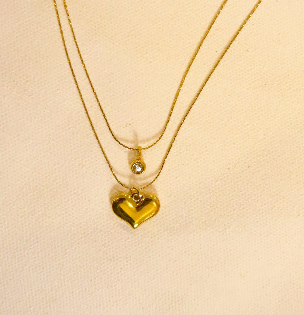 Layered Gold Heart & Crystal Pendant Necklace