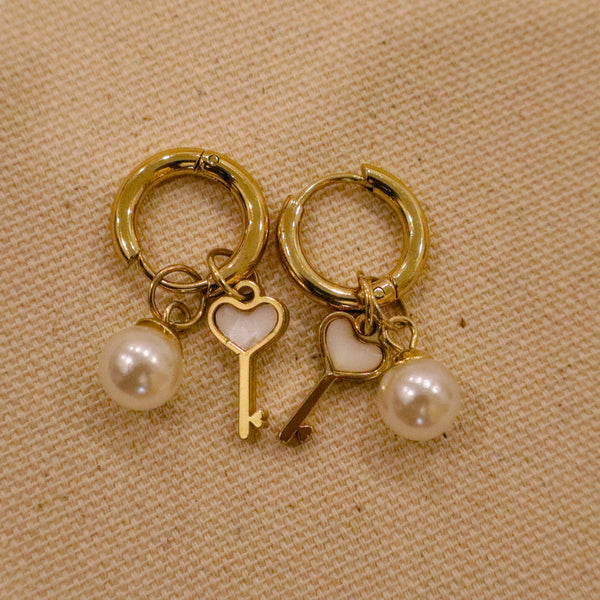 Heart Key and Pearl Drop Earrings