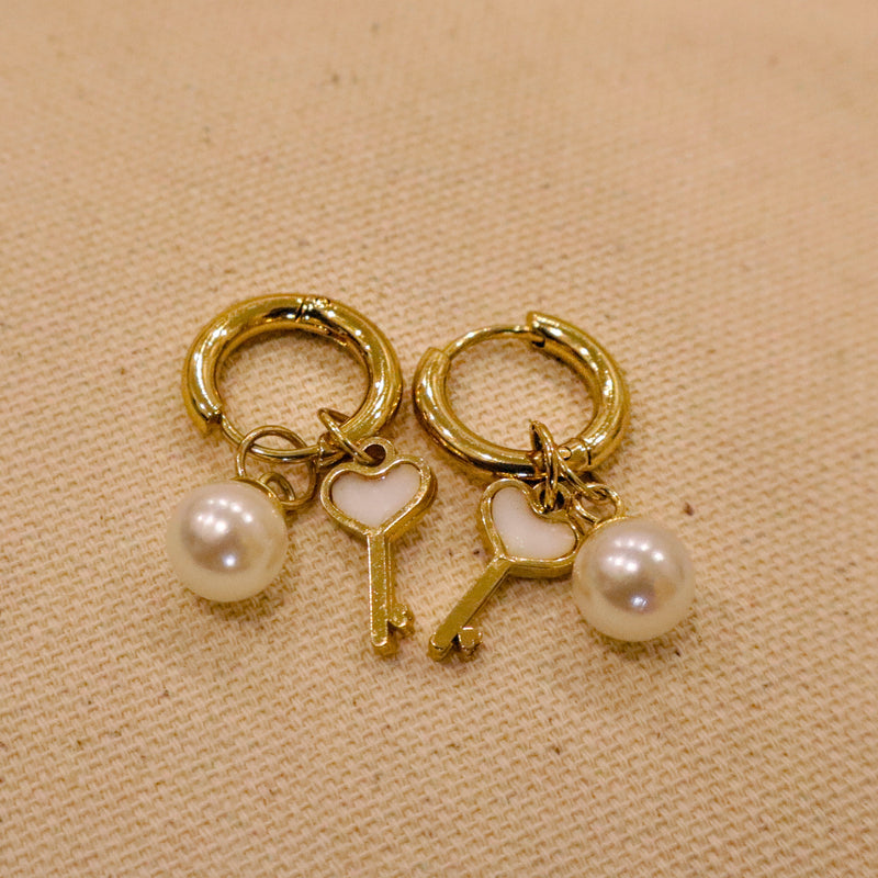 Heart Key and Pearl Drop Earrings
