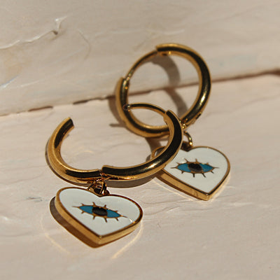 Evil Eye Heart Hoop Drop Earrings